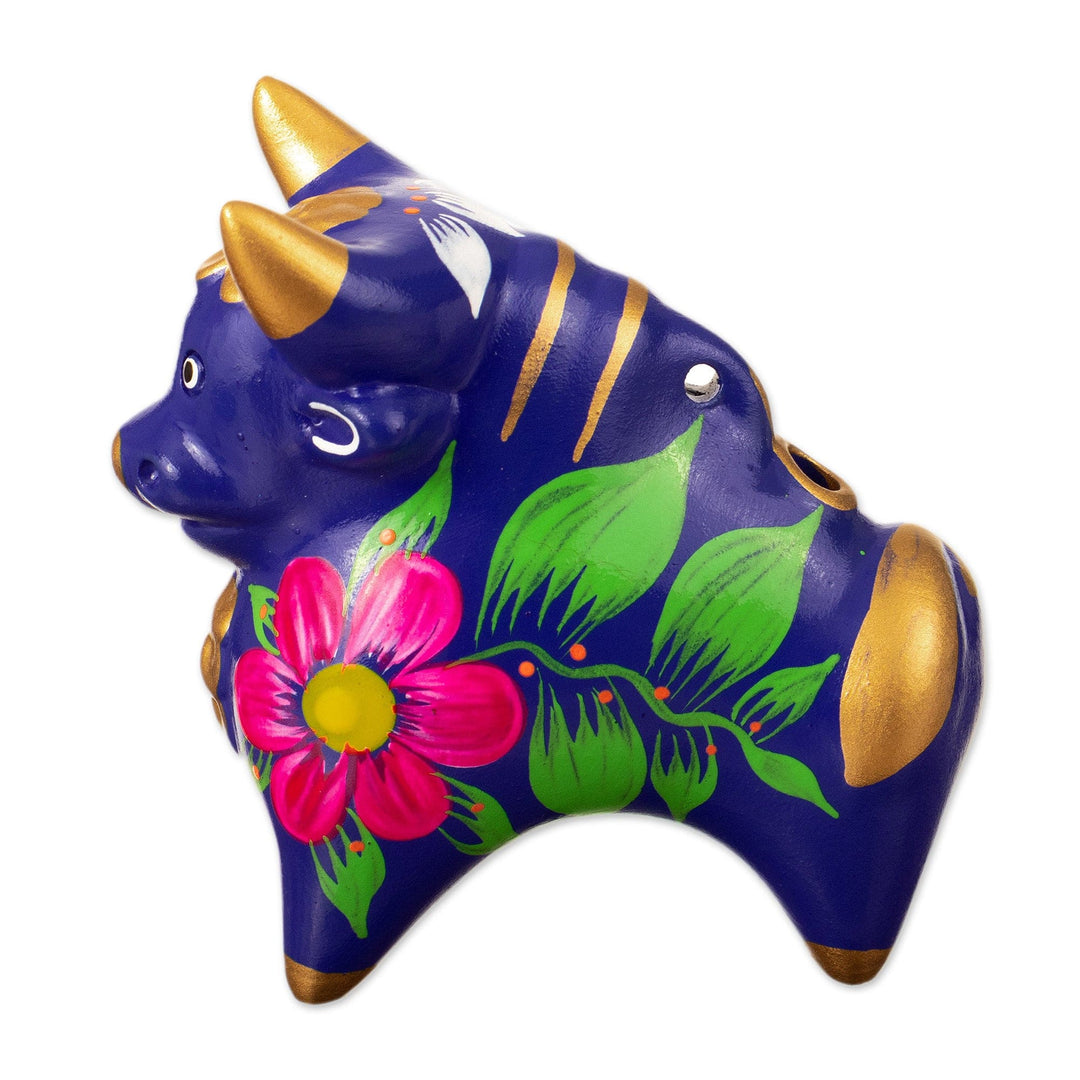 Small Handpainted Ceramic Bull Figurine - Blue