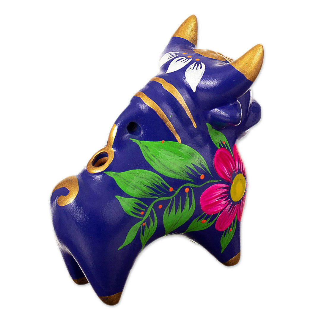 Small Handpainted Ceramic Bull Figurine - Blue