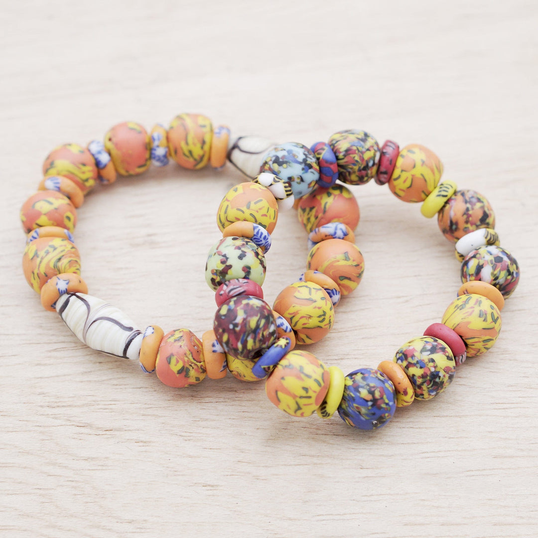 Recycled Glass Beaded Stretch Bracelets - Set of 2 - Goldenrod Maidens