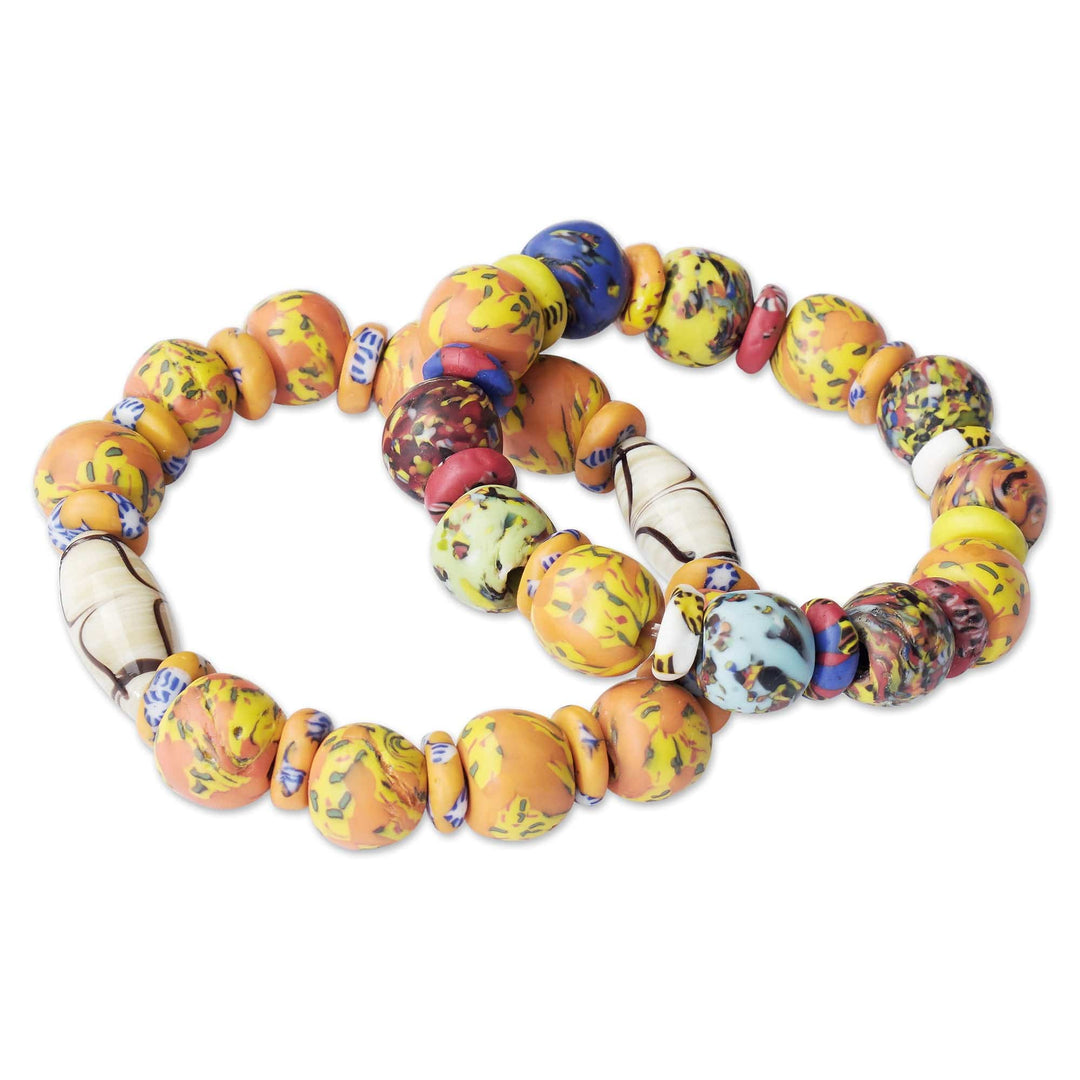 Recycled Glass Beaded Stretch Bracelets - Set of 2 - Goldenrod Maidens