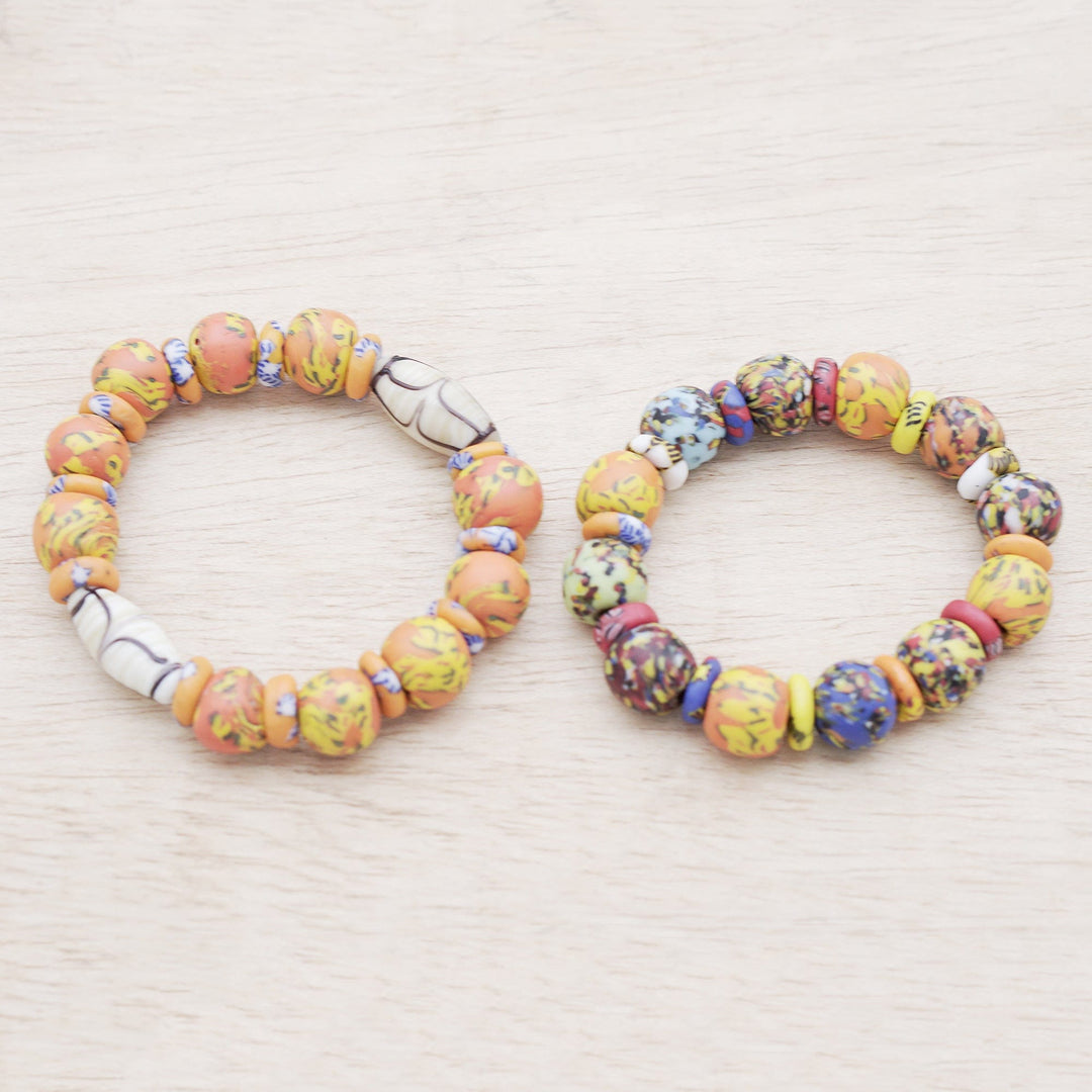 Recycled Glass Beaded Stretch Bracelets - Set of 2 - Goldenrod Maidens