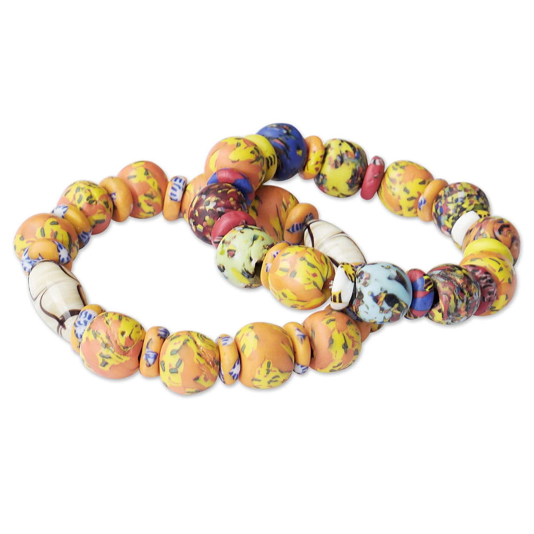 Recycled Glass Beaded Stretch Bracelets - Set of 2 - Goldenrod Maidens