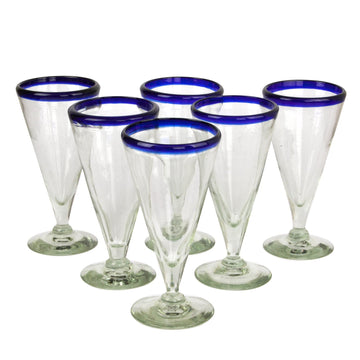 Artisan Crafted Recycled Handblown Blue Rim Beer Glasses - Bohemia
