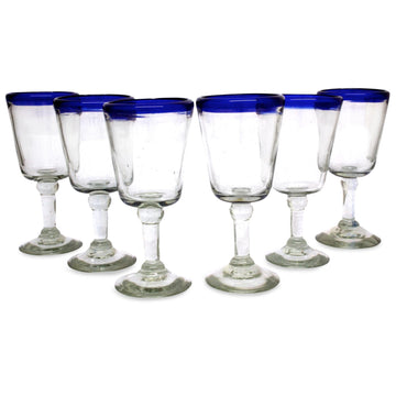 Hand Blown Wine Glasses Set of 6 Blue Rim Goblets Mexico - Chardonnay
