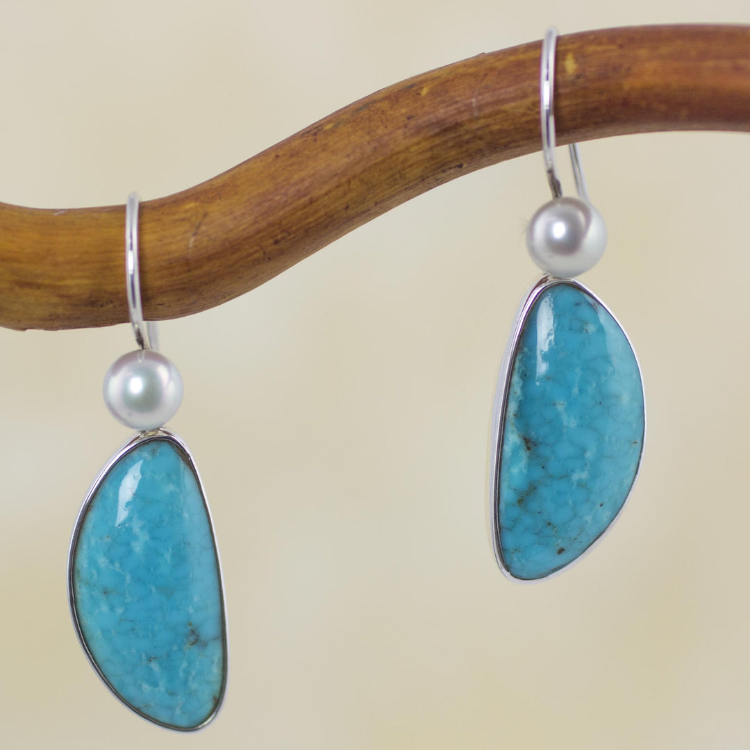 Natural Turquoise and Pearl Mexican Earrings - Blue Sky Dreams