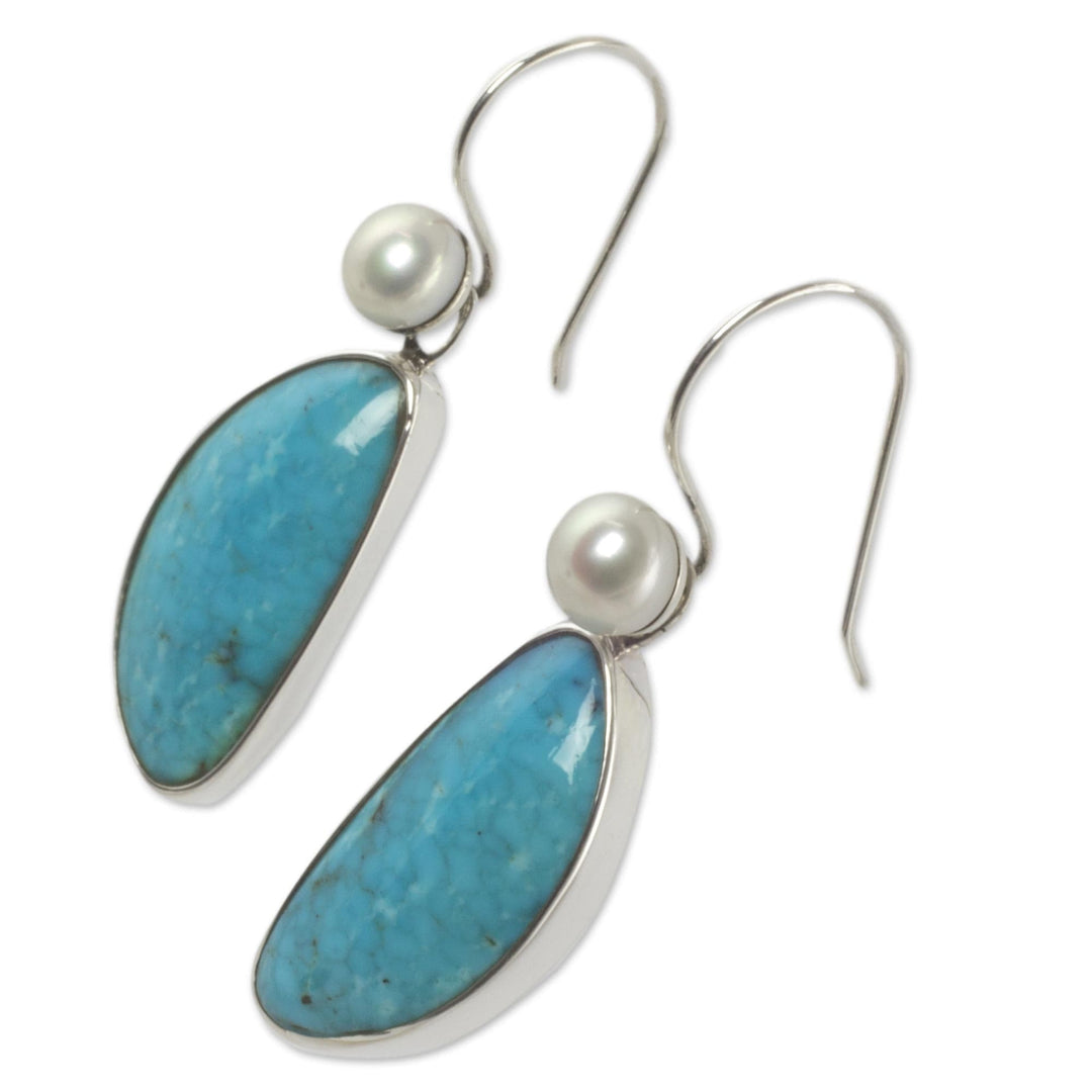 Natural Turquoise and Pearl Mexican Earrings - Blue Sky Dreams