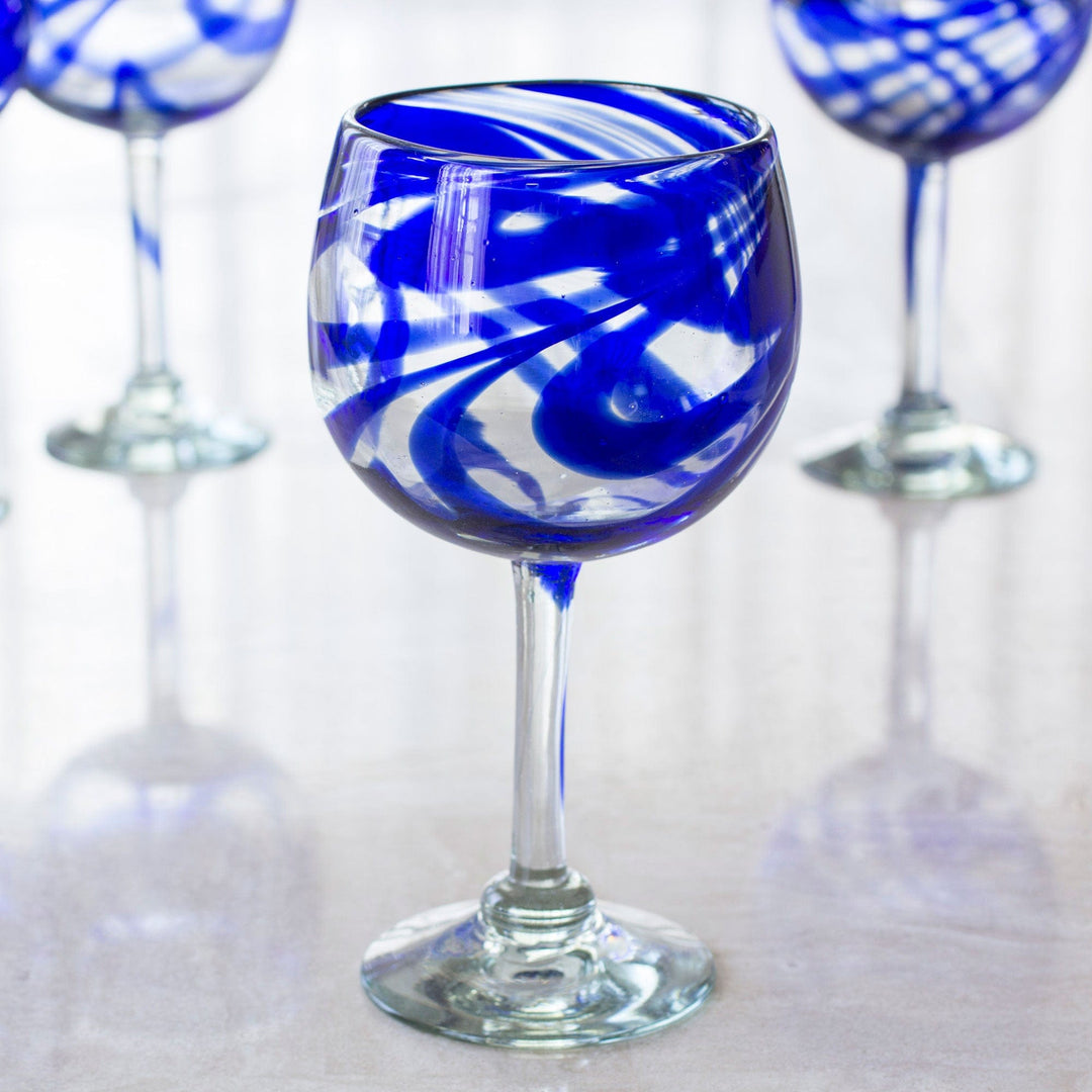 Handblown Eco-Friendly Wine Glasses in Blue (Set of 6) - Blue Ribbon