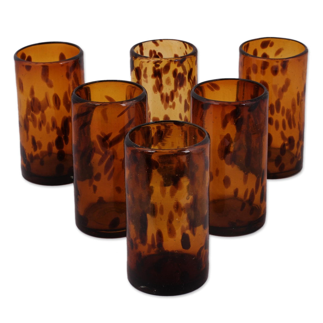 Six Water Glasses Handblown Recycled Glass Drinkware Mexico - Tall Tortoise  Shell