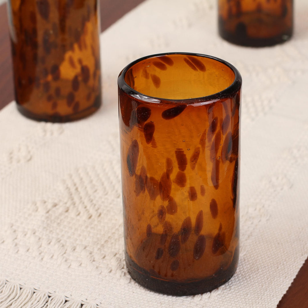 Six Water Glasses Handblown Recycled Glass Drinkware Mexico - Tall Tortoise  Shell