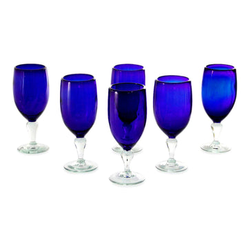 Hand Blown Glass Goblets Set of 6 Cobalt Blue Mexico - Night Sky
