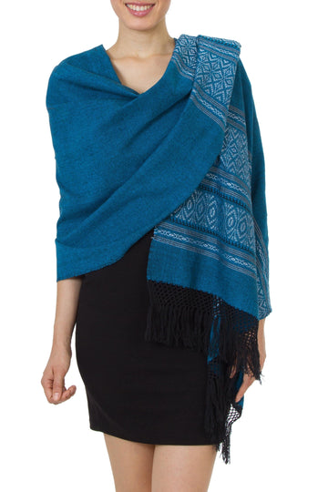 Mexican Geometric Cotton Patterned Shawl - Blue Zapotec Treasures