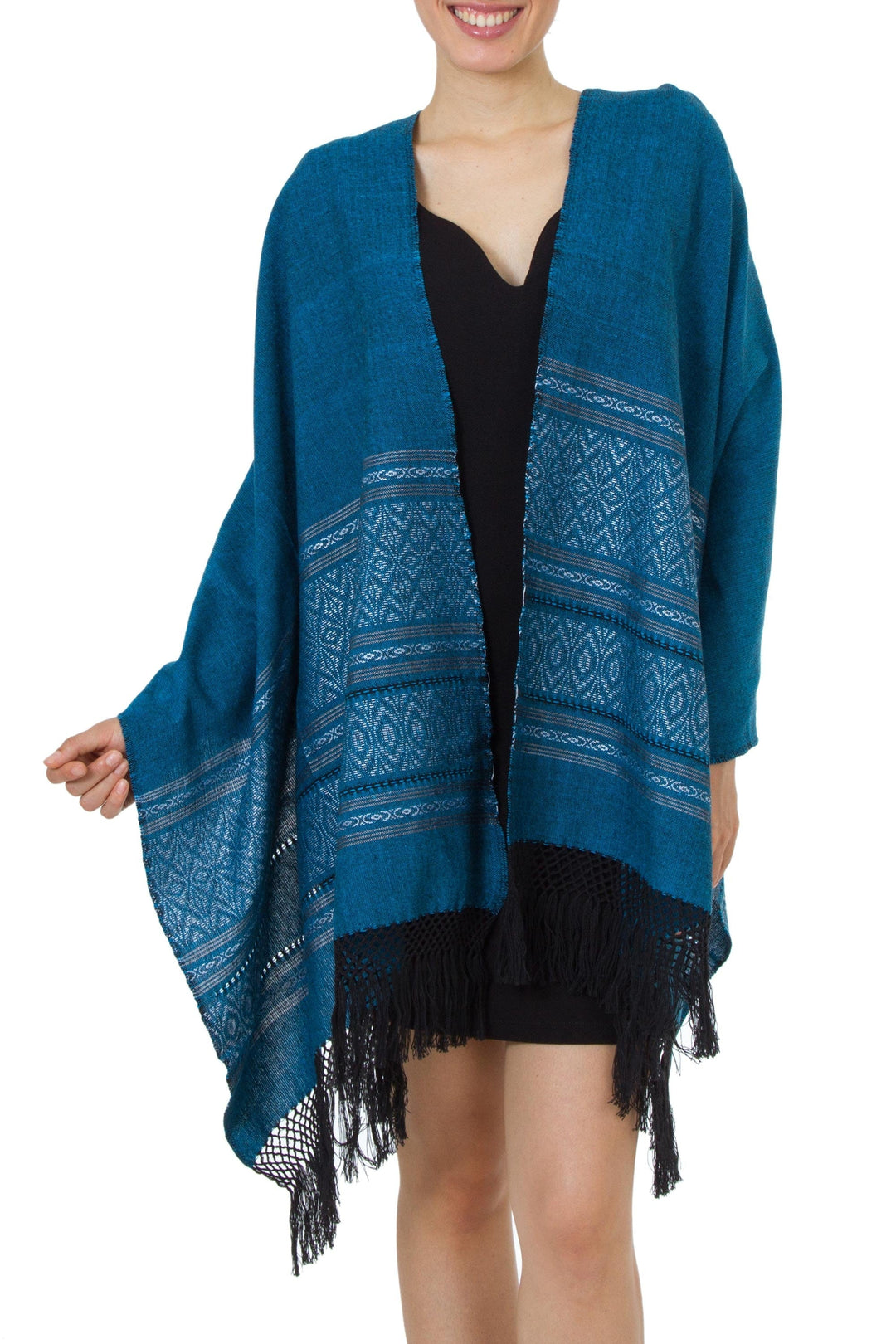 Mexican Geometric Cotton Patterned Shawl - Blue Zapotec Treasures
