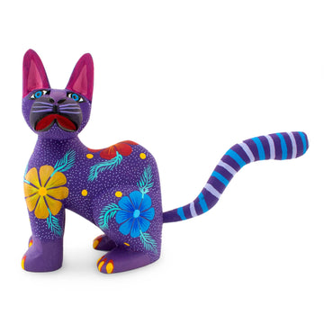 Hand Crafted Purple Wood Kittycat Folk Art Sculpture - Magical Cat