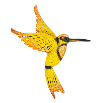 Hand Crafted Bird Wall Art Steel Sculpture from Mexico - Little Yellow Hummingbird
