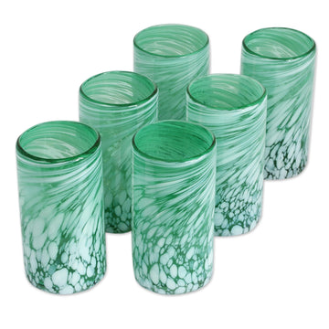 Set of 6 Handblown Green and White Drinking Glasses - Festive Green