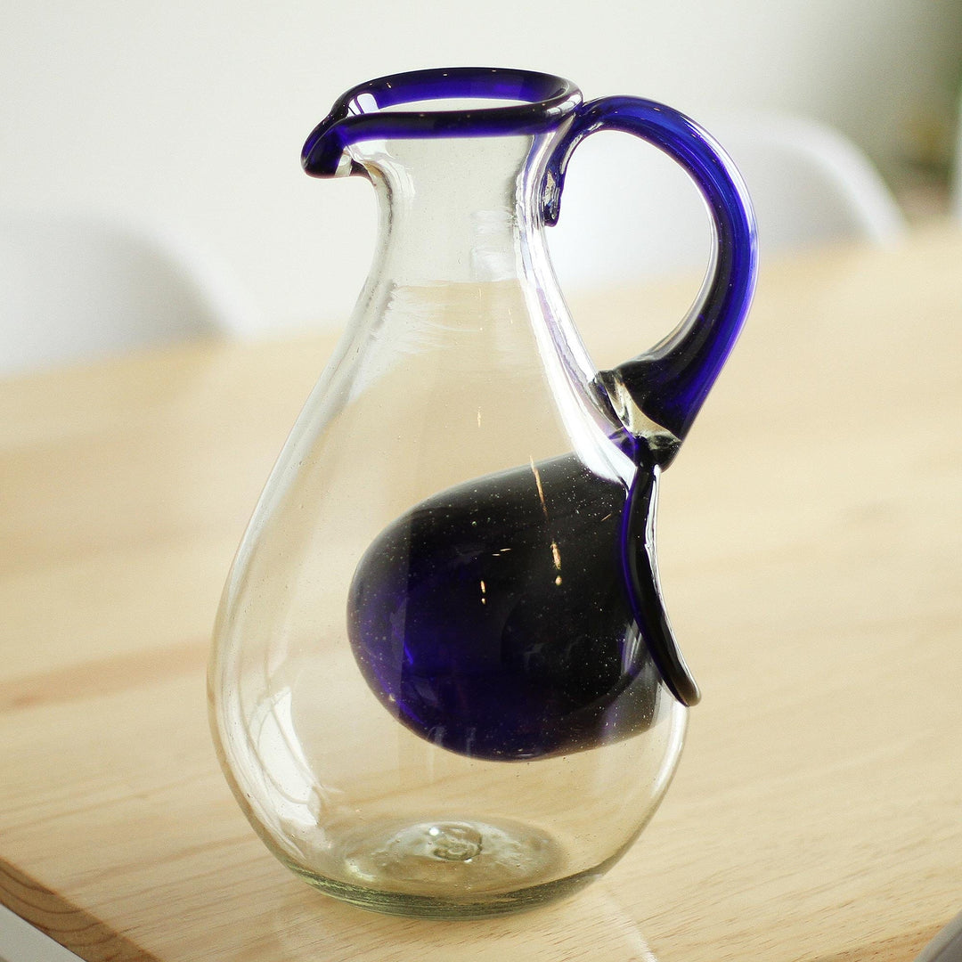 Handblown Recycled Glass Pitcher with Ice Chamber - Fresh Ocean