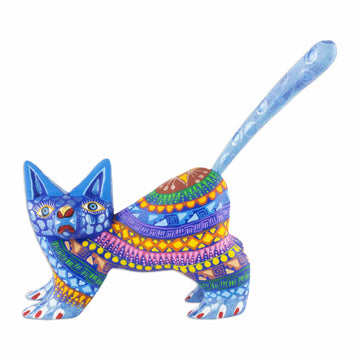 Mexican Alebrije Cat Sculpture - Playful Blue Kitten