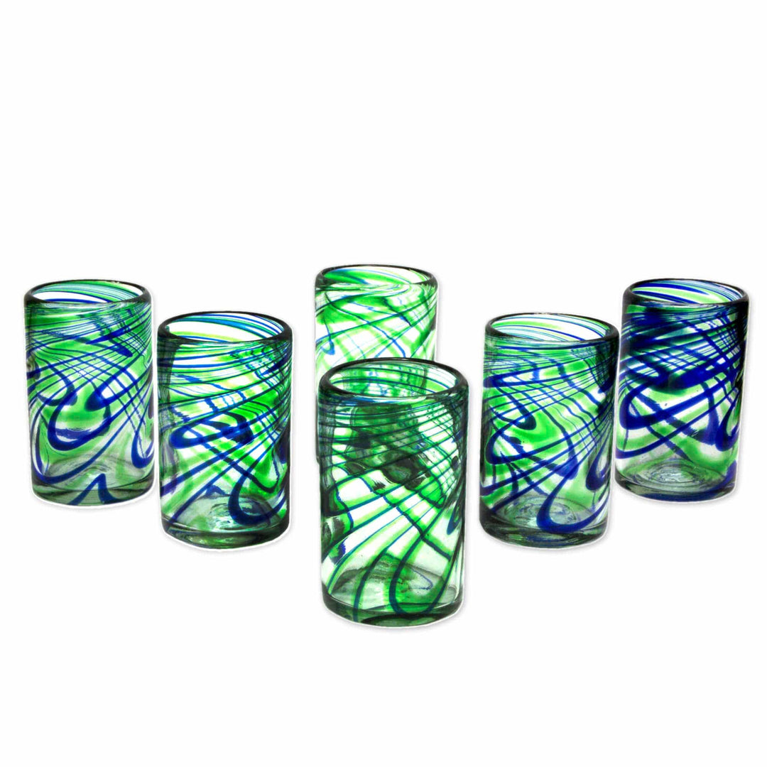 Set of 6 Hand Made Blown Glass Tumblers in Blue and Green - Elegant Energy