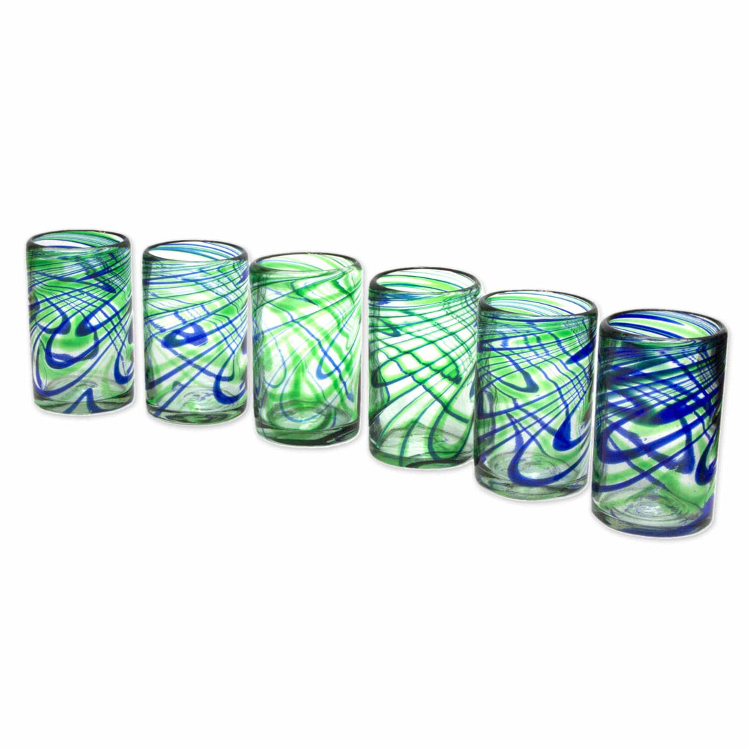 Set of 6 Hand Made Blown Glass Tumblers in Blue and Green - Elegant Energy