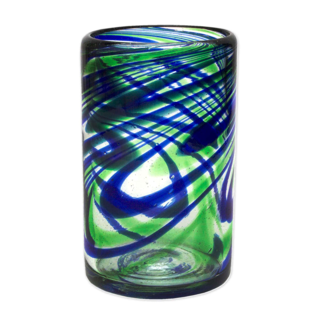 Set of 6 Hand Made Blown Glass Tumblers in Blue and Green - Elegant Energy