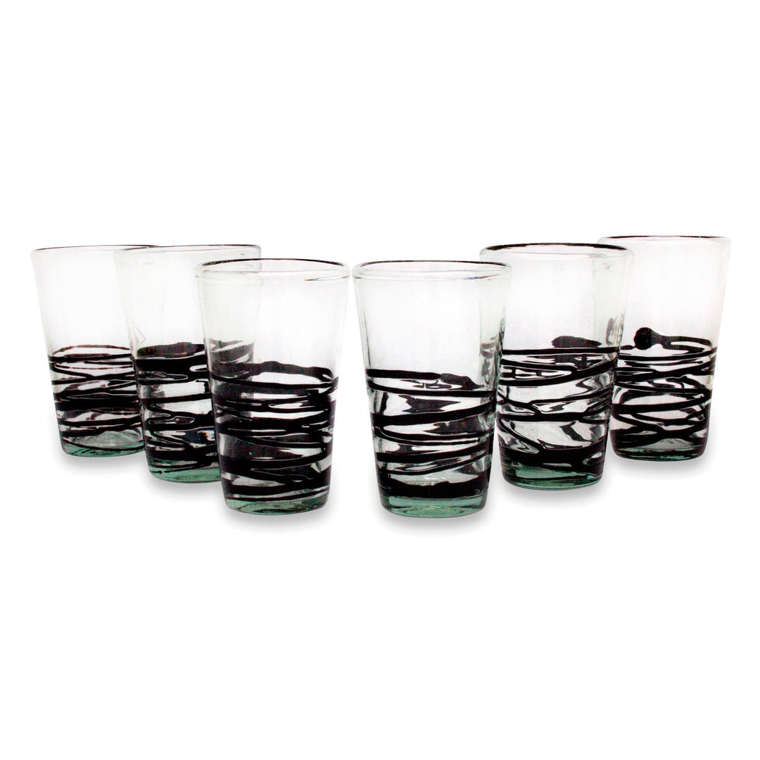 Set of 6 Hand Blown Black Spiral Glass Tumblers - Ebony Spin