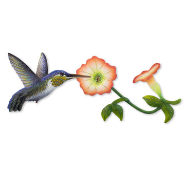 Hummingbird and Flowers Steel Wall Art Crafted by Hand - Exotic Nectar in Orange