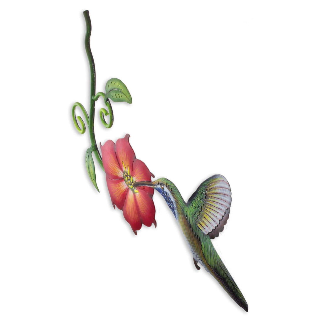 Hummingbird and Red Flower Steel Wall Art Crafted by Hand - Colibri