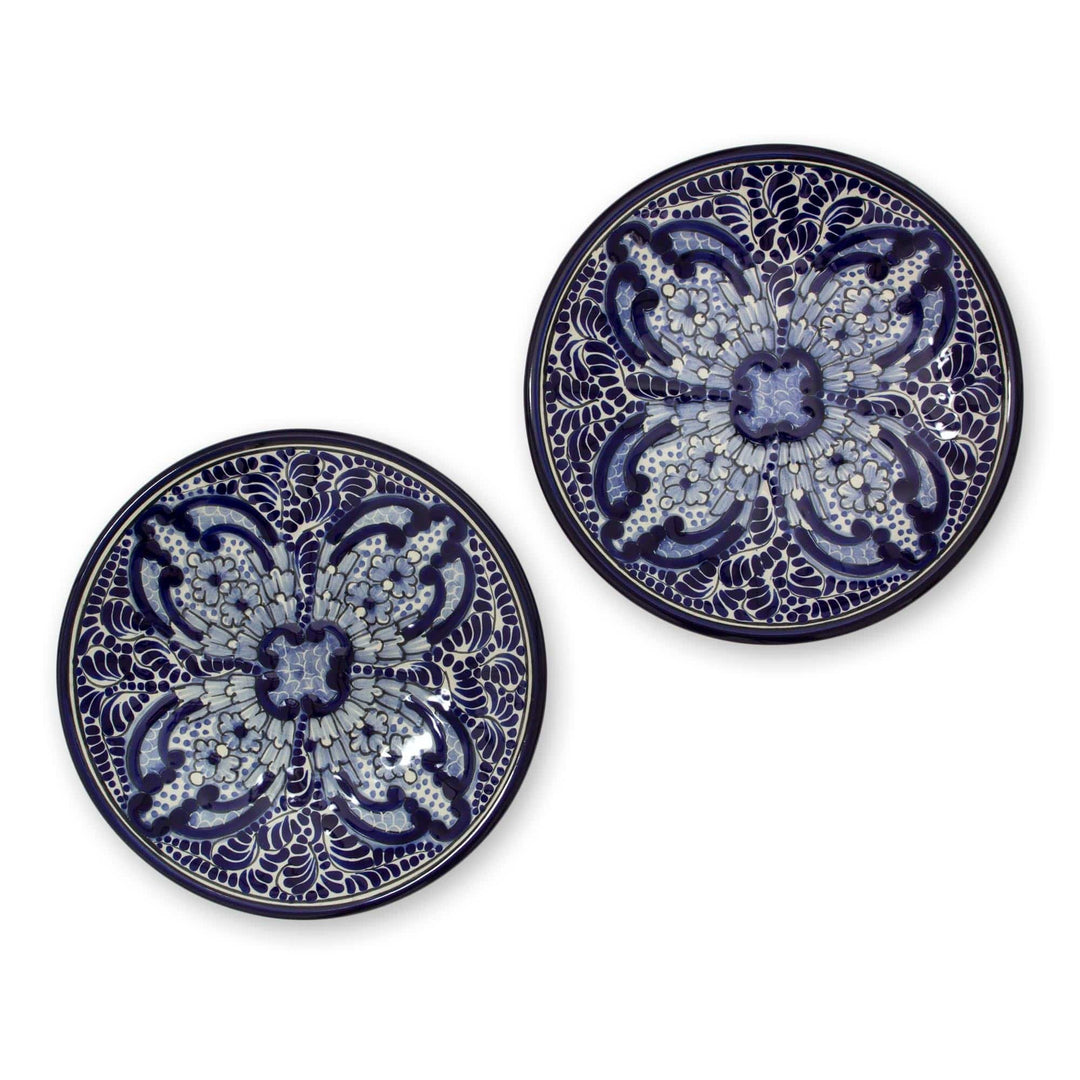 Artisan Crafted Blue Floral Ceramic Plates (Pair) - Puebla Kaleidoscope