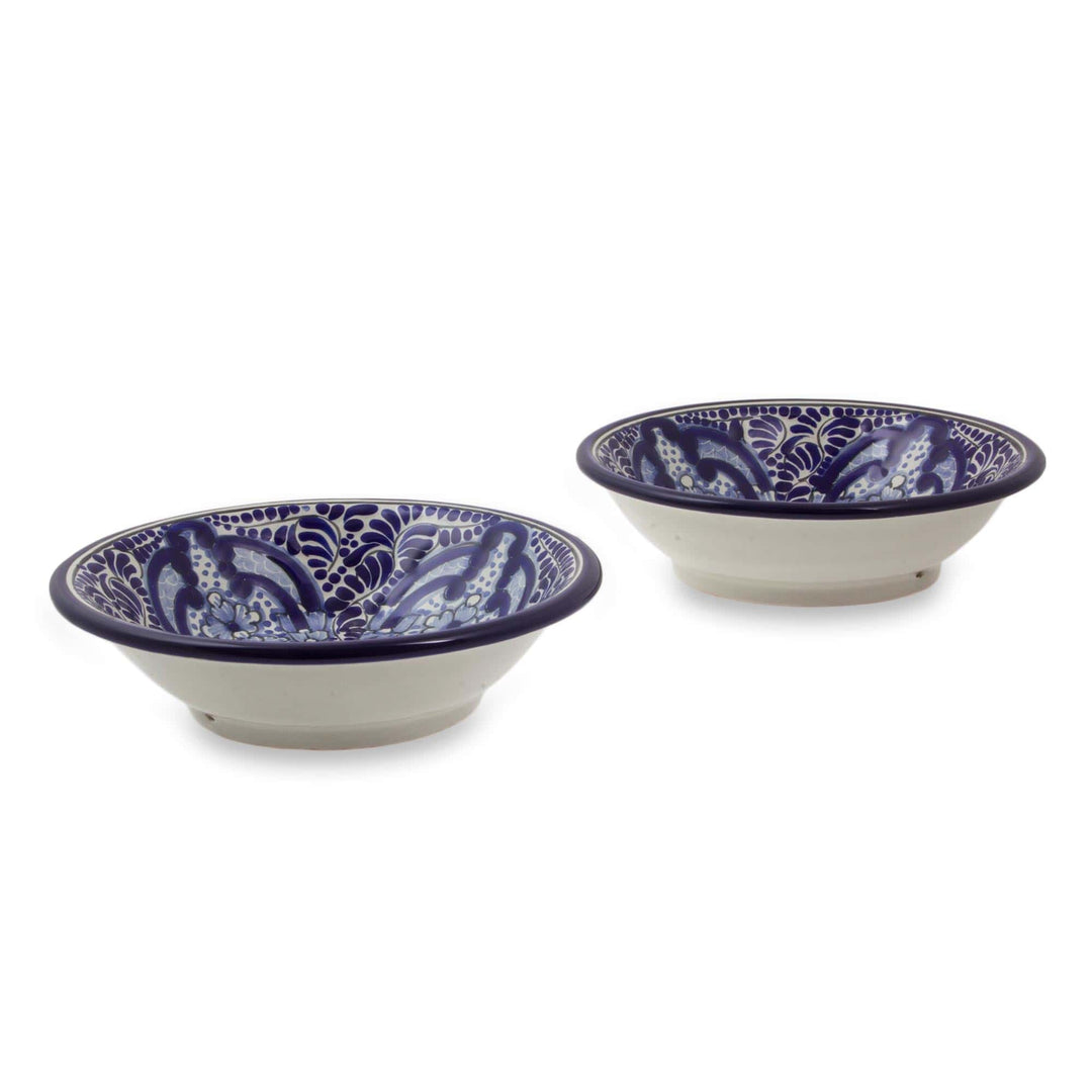 Talavera Style Ceramic Blue Floral Bowls(Pair) - Puebla Kaleidoscope