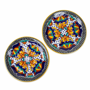 Artisan Crafted Ceramic 12-inch Dinner Plates (Pair) - Zacatlan Flowers