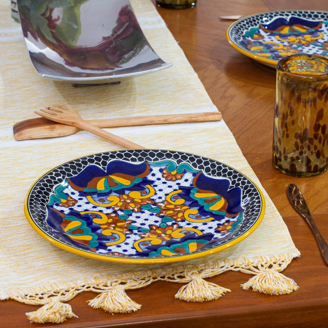 Artisan Crafted Ceramic 12-inch Dinner Plates (Pair) - Zacatlan Flowers