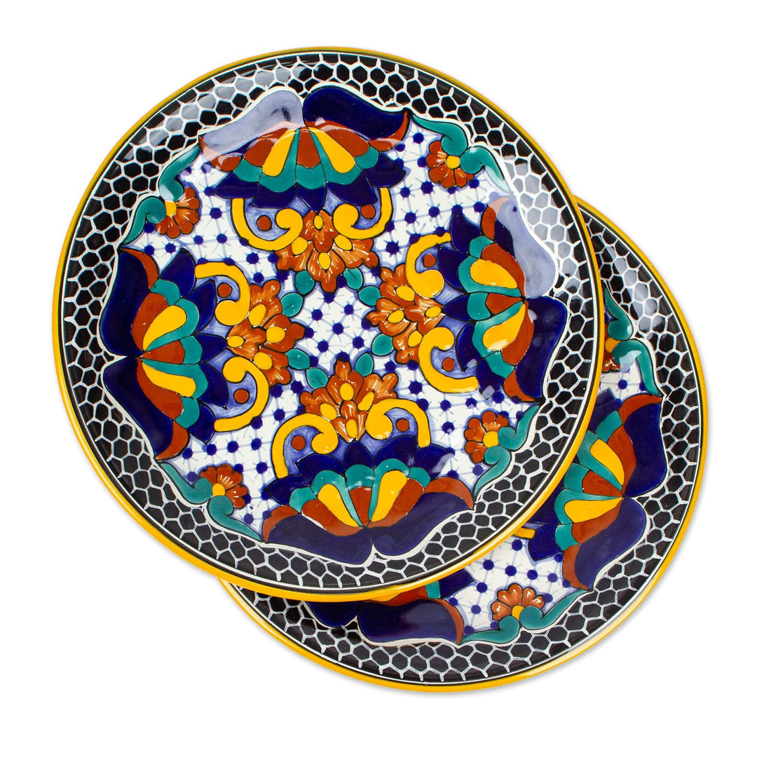 Artisan Crafted Ceramic 12-inch Dinner Plates (Pair) - Zacatlan Flowers