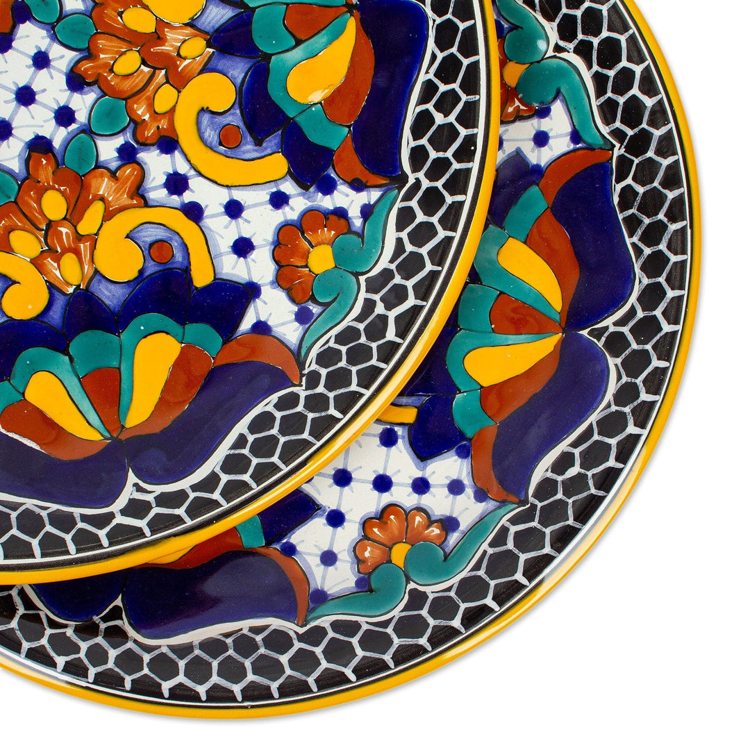 Artisan Crafted Ceramic 12-inch Dinner Plates (Pair) - Zacatlan Flowers