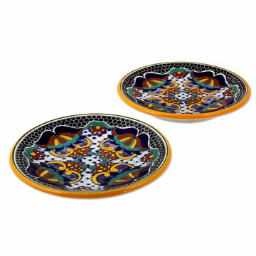 Mexican Talavera Style 8-Inch Salad Plates (Pair) - Zacatlan Flowers