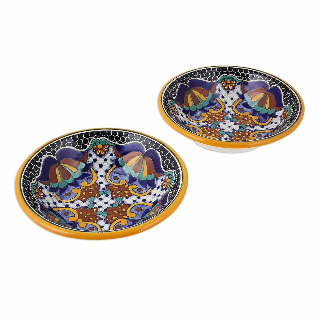 Ceramic 7-Inch Soup Bowls from Mexico (Pair) - Zacatlan Flowers
