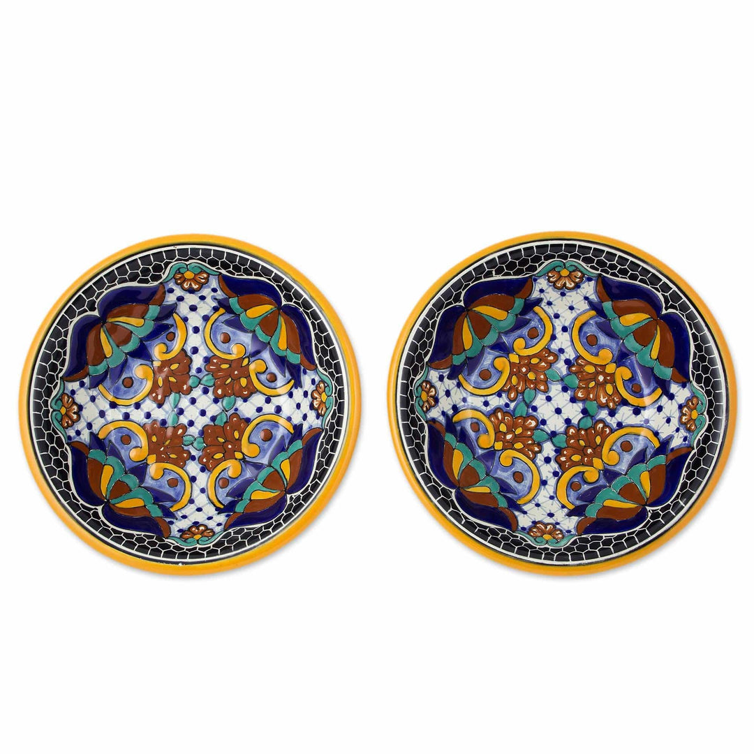 Ceramic 7-Inch Soup Bowls from Mexico (Pair) - Zacatlan Flowers