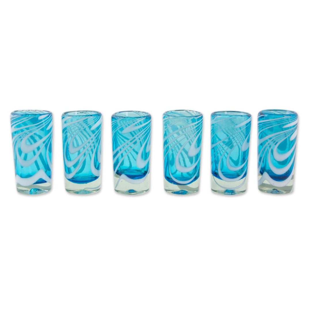 Handblown Recycled Shot Glasses - Set of 6 - Whirling Aquamarine