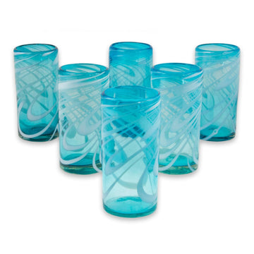 6 Hand Blown 13 oz Aqua-White Highball Glasses from Mexico - Whirling Aquamarine