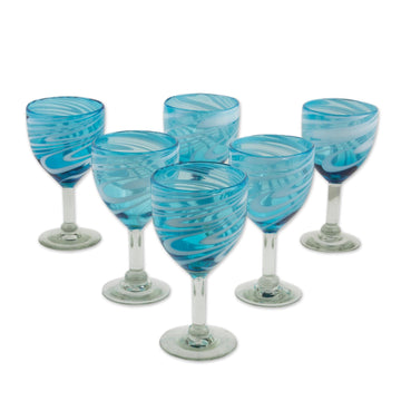 6 Hand Blown Wine Glasses in Aqua and White from Mexico - Whirling Aquamarine