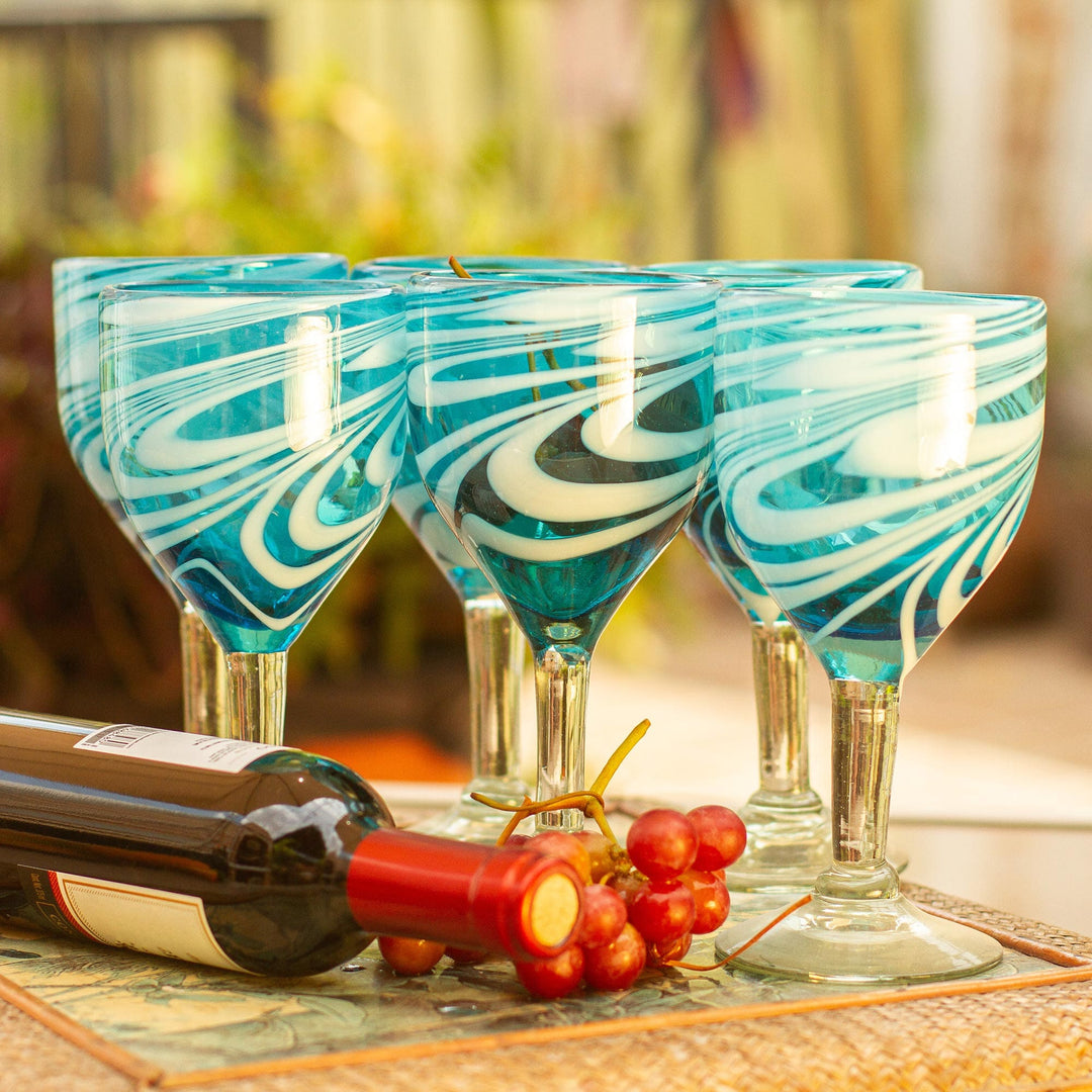 6 Hand Blown Wine Glasses in Aqua and White from Mexico - Whirling Aquamarine