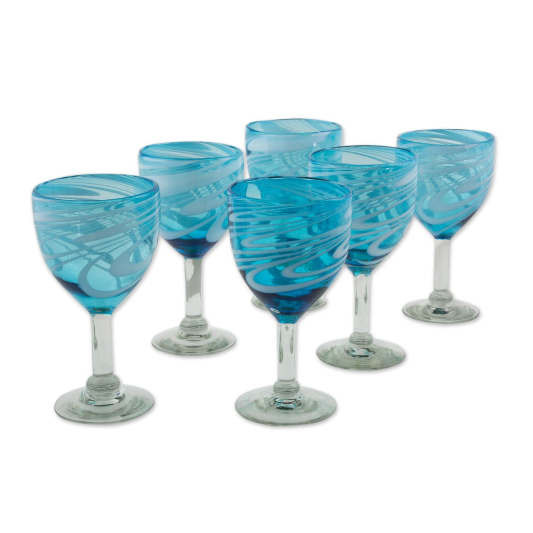 6 Hand Blown Wine Glasses in Aqua and White from Mexico - Whirling Aquamarine