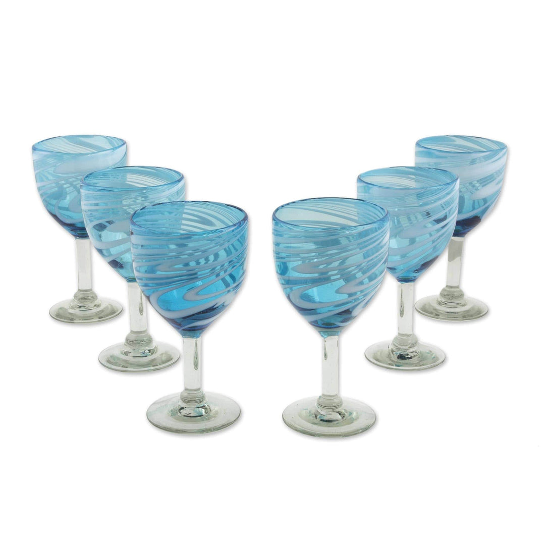 6 Hand Blown Wine Glasses in Aqua and White from Mexico - Whirling Aquamarine