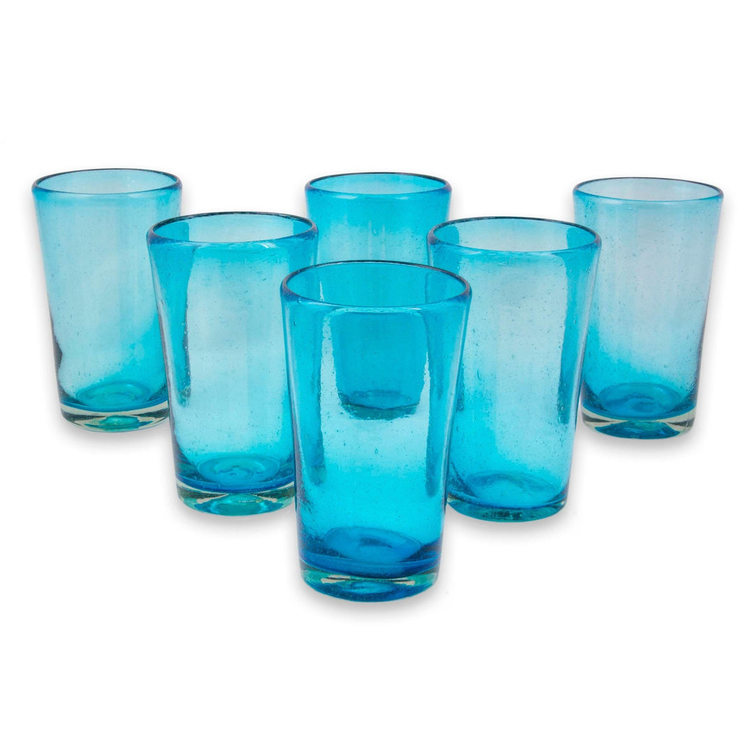 Set of 6 Aquamarine Hand Blown 15 oz Tumblers - Aquamarine Bubbles