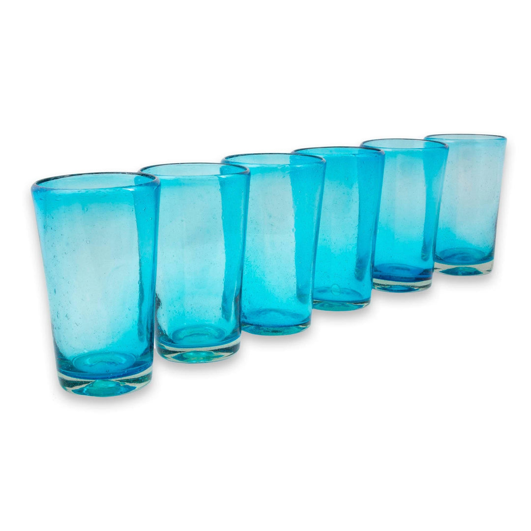 Set of 6 Aquamarine Hand Blown 15 oz Tumblers - Aquamarine Bubbles