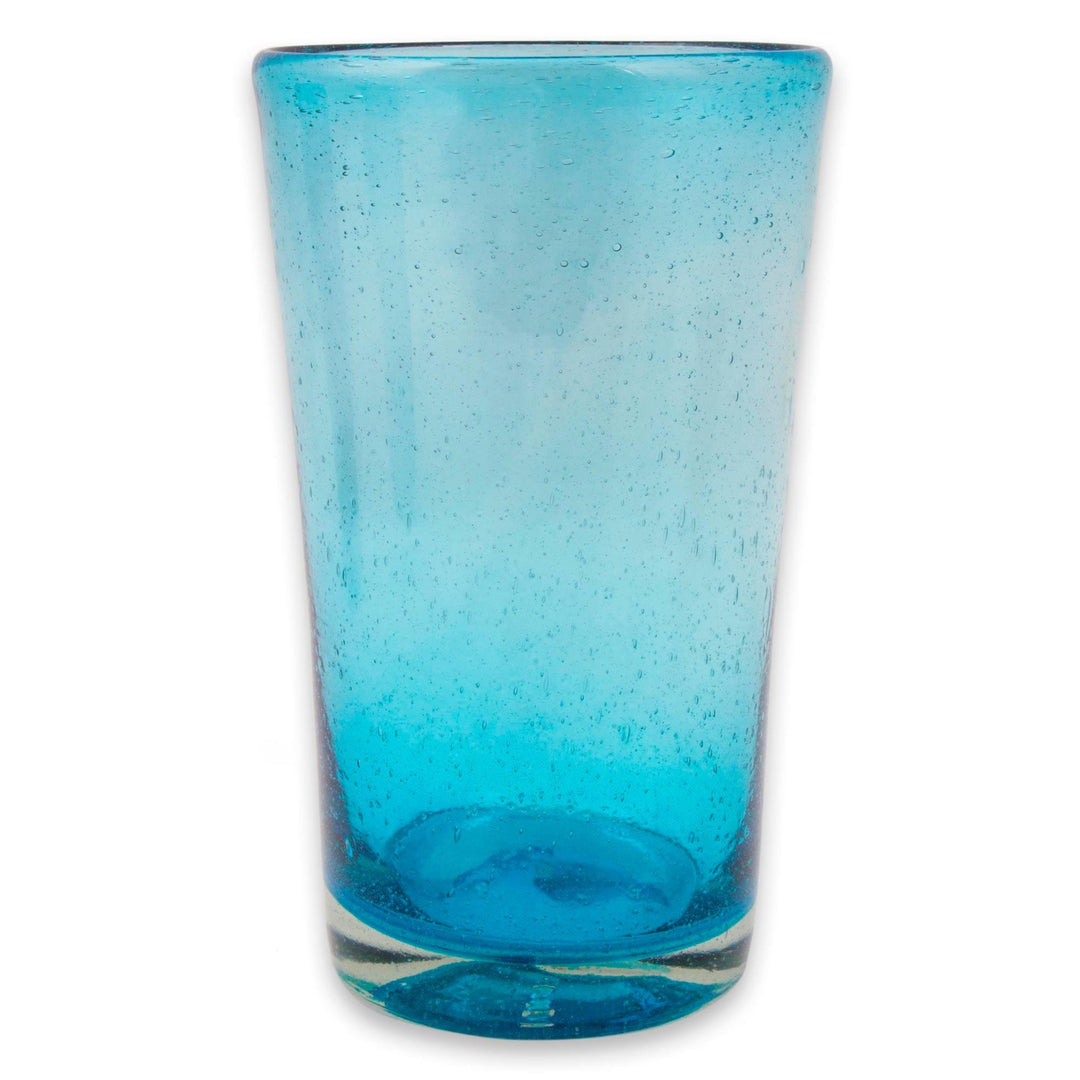 Set of 6 Aquamarine Hand Blown 15 oz Tumblers - Aquamarine Bubbles