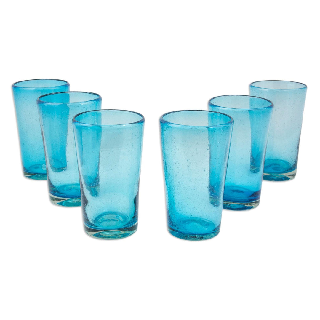 Set of 6 Aquamarine Hand Blown 15 oz Tumblers - Aquamarine Bubbles