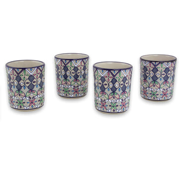 Four Handcrafted Mexican Ceramic 8-Ounce Drinking Glasses - Valenciana Violets