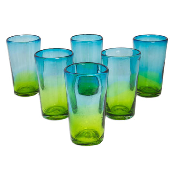 6 Artisan Crafted Blue Green Blown Glass Highball Glasses - Aurora Tapatia