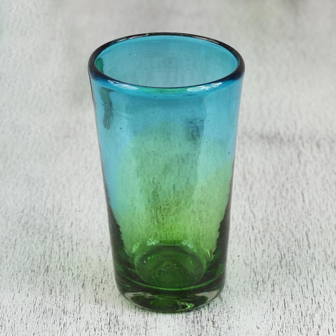 6 Artisan Crafted Blue Green Blown Glass Highball Glasses - Aurora Tapatia