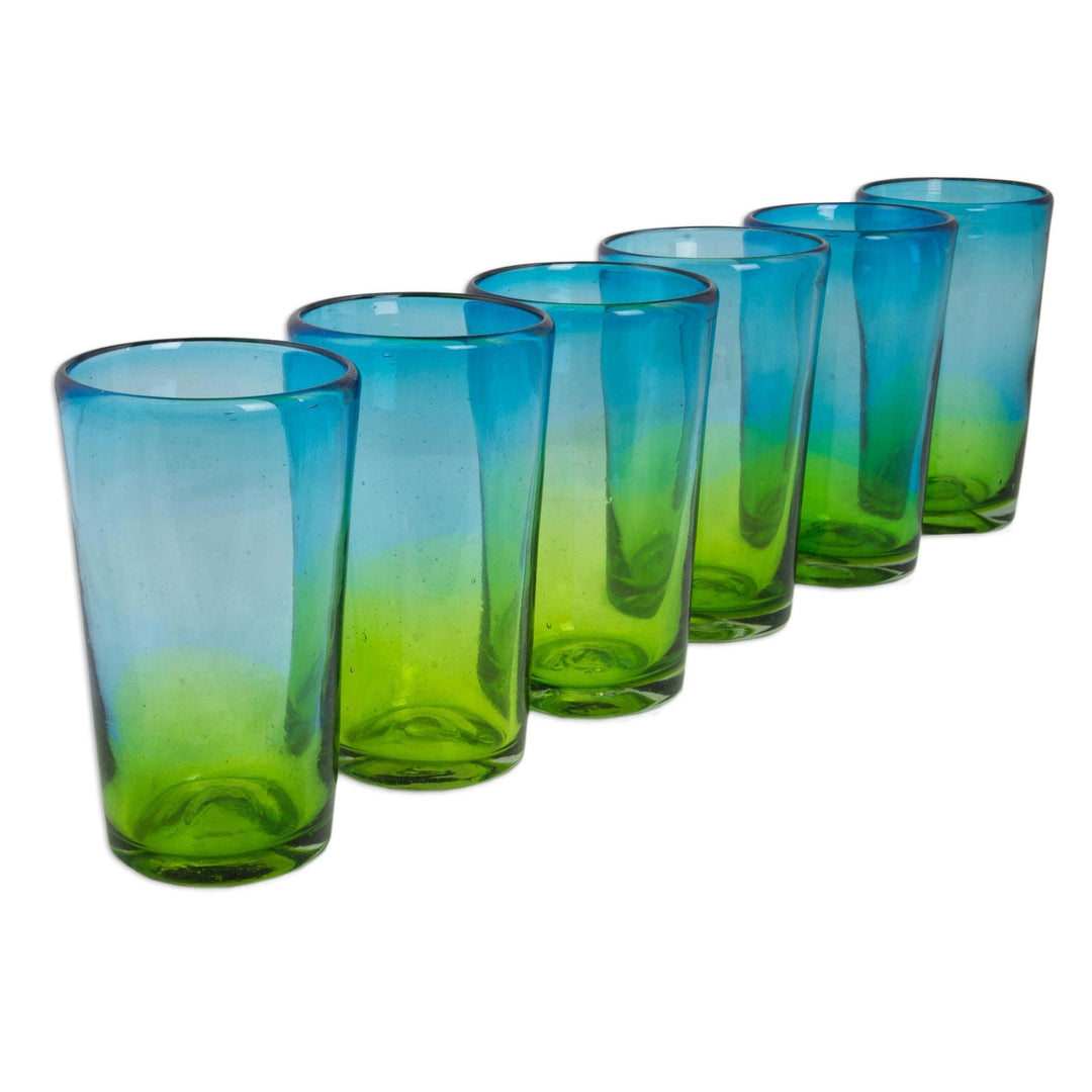 6 Artisan Crafted Blue Green Blown Glass Highball Glasses - Aurora Tapatia